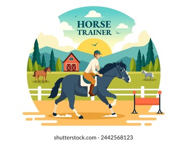 Equestrian Sport Horse Trainer Vector Illustration with Training, Riding Lessons and Running Horses in Flat Cartoon Background Design