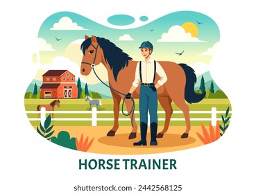 Equestrian Sport Horse Trainer Vector Illustration with Training, Riding Lessons and Running Horses in Flat Cartoon Background Design