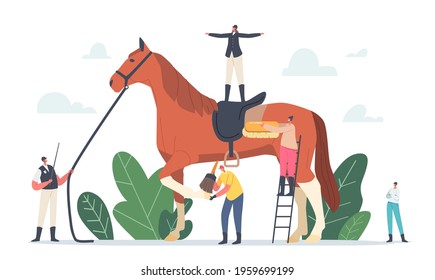 Equestrian Sport and Horse Training Concept. Stableman and Trainer Characters around of Thoroughbred Stallion with Jockey Stand on Horseback. Animals Care, Club. Cartoon People Vector Illustration