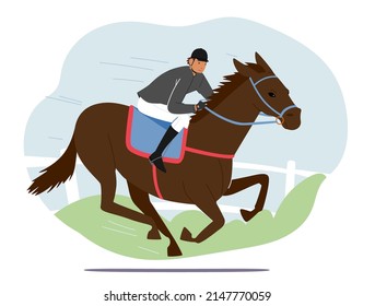 Konzept für den Sport und die Pferdeausbildung. Trainer Jockey Character Riding Thoroughbred Stallion on Hippodrome Prepare und Train Animal for Club Competition. Vektorgrafik von Cartoon People