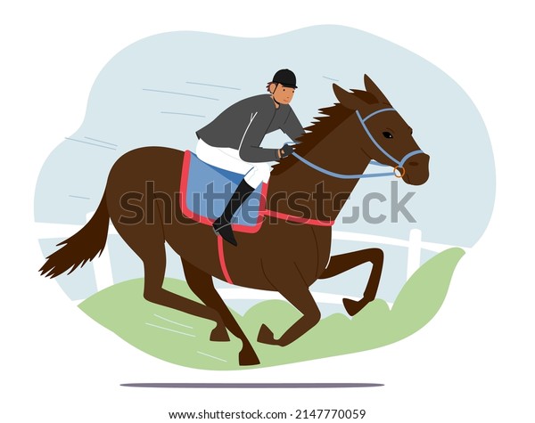 Equestrian Sport and Horse Training Concept.\
Trainer Jockey Character Riding Thoroughbred Stallion on Hippodrome\
Prepare and Train Animal for Club Competition. Cartoon People\
Vector Illustration