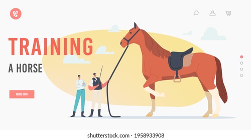 Equestrian Sport and Horse Training Landing Page Template. Tiny Trainer and Jockey Characters near Huge Thoroughbred Stallion Prepare Animal for Club Competition. Cartoon People Vector Illustration