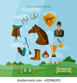 Equestrian sport horseback riding competition professional jockey vector illustration 