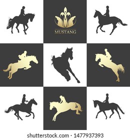 Equestrian sport. Horseback riding. Rider is performing jumps on horse. Horse silhouette black and white