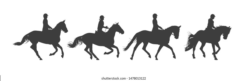 Equestrian sport. Horseback riding. Rider on horse. Silhouette black and white