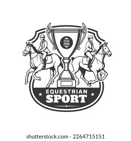 Equestrian sport icon, horse races sport club vector symbol with victory cup. Racing tournament or jockey polo game and equine steeplechase races championship badge with horses and winner goblet