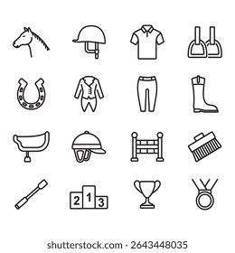 Equestrian sport icon set. Thin line vector. Contains icons such as horseshoe,saddle,championship medal and more.