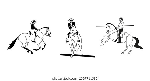 Ilustração de esporte equestre mostrando três pilotos em trajes tradicionais realizando adestramento e manobras de equitação em cavalos