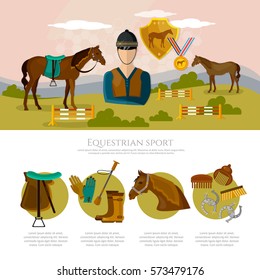 Equestrian sport infographics horse riding professional jockey equipment. Horse rising sport 
