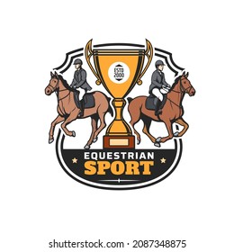 Equestrian sport isolated icon with vector horses, jockeys, race, jump and dressage competition trophy cup, horseback rider helmets, racehorse harness and saddles. Horse riding and polo club design