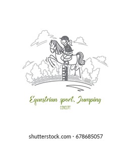 Equestrian sport jumping concept. Hand drawn female equestrian on a horse. Rider in jumping show isolated vector illustration.