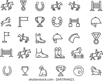 Equestrian Sport Line Icons Set. Horse Riding, Jumping, Polo, Dressage. Editable Stroke. Vector Illustration	