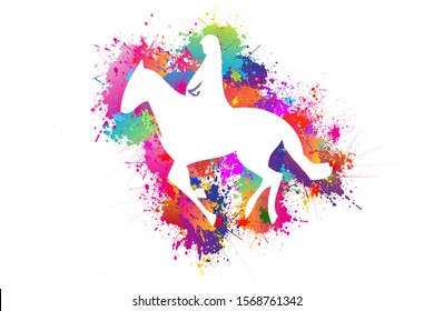 Equestrian sport Logo Design. Background. Icon, Exercise, Equipment, Symbol, Silhouette. Colorful paint drops ink splashes. Vector illustration.