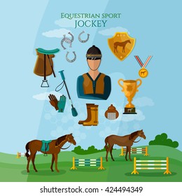Equestrian sport professional jockey horse riding flat vector  