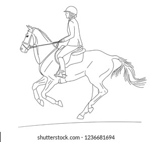 Equestrian sport. A rider cantering on a horse. Black and white outline.