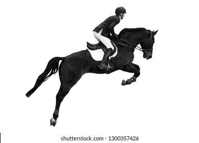 equestrian sport rider on horse jumping black-white image