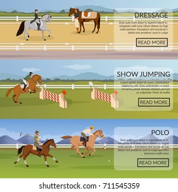 Equestrian sport set of flat horizontal banners with dressage, show jumping, polo on horses isolated vector illustration