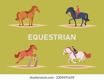 Equestrian sport set of flat icons with riders and polo players, 2d vector illustration concept for banner, website, illustration, landing page, flyer, etc.