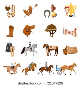 Equestrian sport set of flat icons with trotters, horse gear, care objects, riders, trophies isolated vector illustration 
