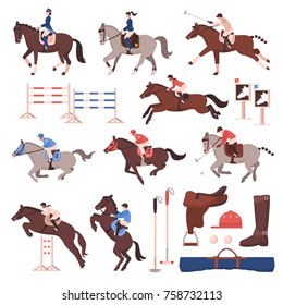 Equestrian sport set of flat icons with riders and polo players, horses, gear, hurdles isolated vector illustration