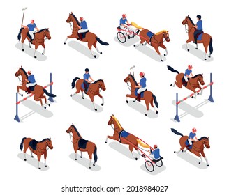 Equestrian sport set with horse racing symbols isometric isolated vector illustration