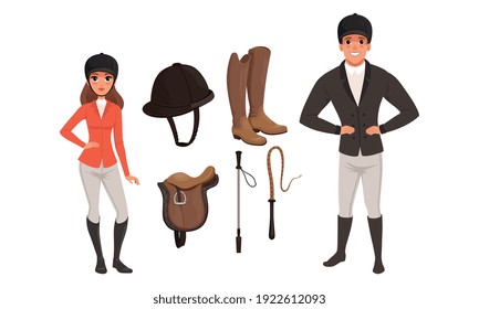 Equestrian Sport Set, Man and Woman Professional Jockeys and Sports Equipment Cartoon Style Vector Illustration