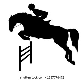 Equestrian sport, show jumping, eventing. A silhouette of a rider jumping on a horse.