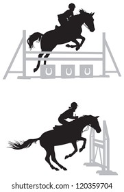 Equestrian sport Show jumping Horse and rider vector silhouettes