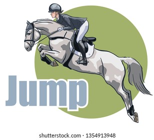 Equestrian sport, show jumping. Vector illustration of a young rider on a horse.	