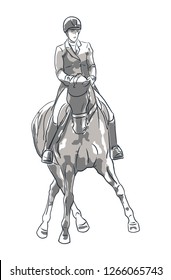 Equestrian sport. A sketch of a dressage rider on a horse executing the shoulder in.