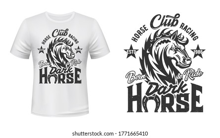 Equestrian sport t-shirt print with steed stallion, horse racing vector mascot. Stallion monochrome animal and grunge lettering with horseshoe on white apparel. Horseback riding sport