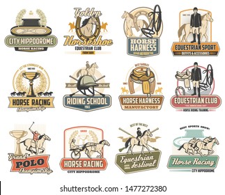 Equestrian sport vector badges of horse race, polo and riding school design. Jockey, racehorse and saddle, horseshoe, winner trophy cup and rider helmet, hippodrome, equine harness and polo mallets