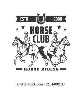 Equestrian sport vector icon of horse riding club design. Racing horses and jockeys isolated symbol with racehorses, horseshoe and horseback rider helmets, horse harness, saddles and bridles