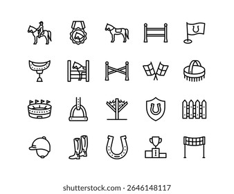 Conjunto de Ícones de Vetor de Esporte Equestre | Espessura ajustável da linha | Cavalo, cavaleiro, sela, troféu, botas, capacete, cerca, estribo, medalha, estábulo, bandeira, salto, ícones de preparação