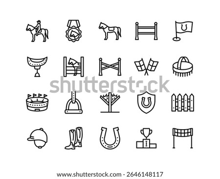 Equestrian Sport Vector Icon Set | Adjustable Line Weight | Horse, rider, saddle, trophy, boots, helmet, fence, stirrup, medal, stable, flag, jump, grooming icons