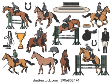 Equestrian sport vector icons, horse riding and race equipment jockeys and hippodrome. Professional horseback ride sports grunge retro emblems with rider, cup and lucky horseshoe vintage signs set