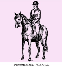 Equestrian sport, woman in gear sitting on a horse doodle style sketch illustration hand drawn vector 