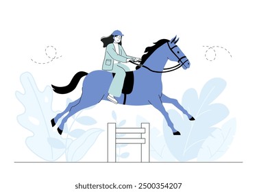 Mujer deportiva ecuestre. Chica joven a caballo salta sobre la barrera. Estilo de vida activo y deportes extremos. Caballito practicando en el estadio. Ilustración vectorial lineal aislada sobre fondo blanco