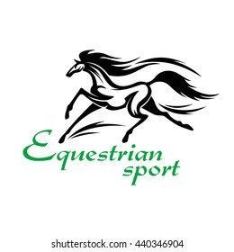 Equestrian sporting competition design element with black silhouette of racehorse at an impassioned gallop kicking up clouds of sand and dust behind hooves