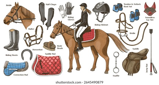 Equestrian sports equipment set vector