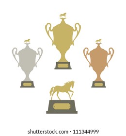 Equestrian sports gold silver and bronze trophies vector set