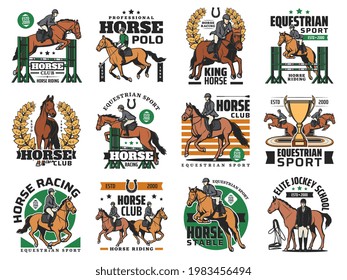 Deportes ecuestres, íconos de carreras de caballos. Jokey montando caballo de semental, saltando sobre obstáculos, copa ganadora y herradura. Acto ecuestre, salto de espectáculos y escuela de jockey, emblemas de los clubes deportivos de polo de caballos