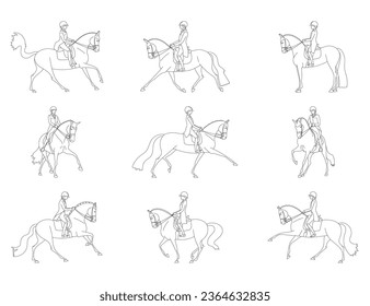 Equestrian sports, horse riders perform elements of dressage, a set for coloring book