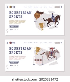 Equestrian Sports Landing Page Templates Set, People Riding Horses, Racing, Dressage, Vaulting Homepage Design Vector Illustration