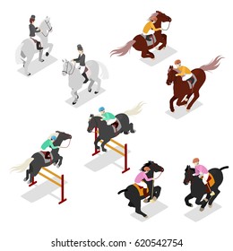 Equestrian Sports - Polo, Dressage, Contest. Man On Horse. Isometric Vector Flat 3d Illustration