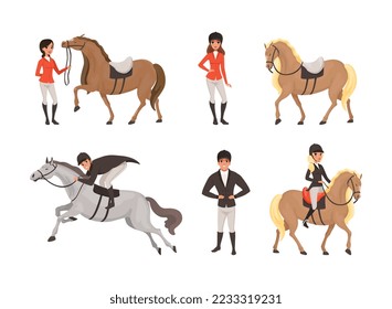 Equestrian sports set. Male and female jockeys on horse riding and jumping vector illustration