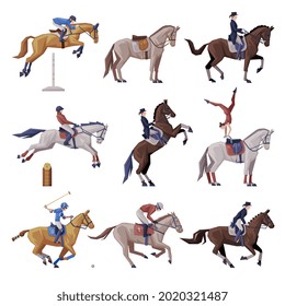 Equestrian Sports Set, People Riding Horses, Racing, Dressage, Vaulting Vector Illustration