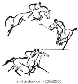 Equestrian sports: Sketch-based images showing show jumping, polo and horse racing