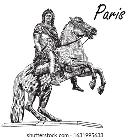 Equestrian statue of french king Louis XIV also known as the Sun King or Roi Soleil, in the Place des Victoires. Paris. France. Vector hand made illustration in the engraving style, isolated on white.