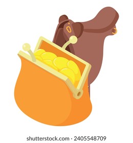 Icono de símbolo ecuestre vector isométrico. Cartera con moneda de oro y montura de caballo. Caballo a caballo, pasatiempo